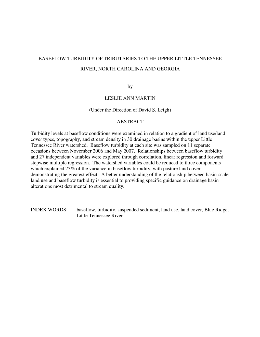 Baseflow Turbidity of Tributaries to the Upper Little Tennessee River, North Carolina and Georgia