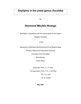 Oxylipins in the Yeast Genus Ascoidea Desmond Mbulelo Ncango