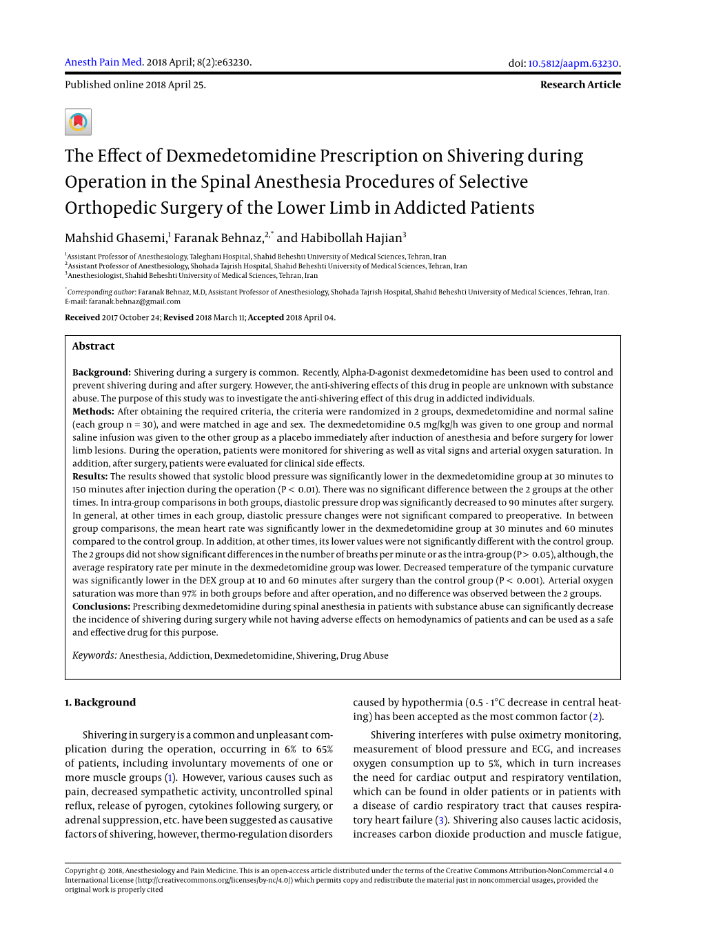 The Effect of Dexmedetomidine Prescription on Shivering During