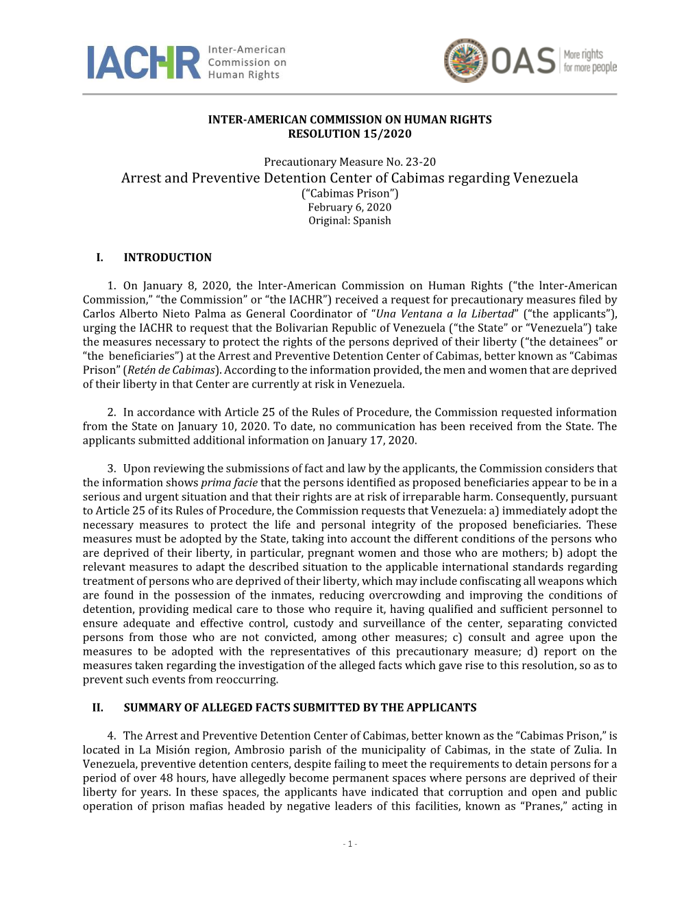 Arrest and Preventive Detention Center of Cabimas Regarding Venezuela (“Cabimas Prison”) February 6, 2020 Original: Spanish