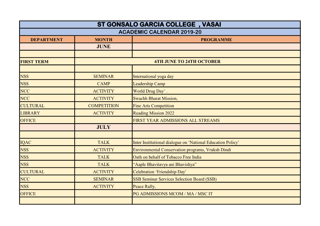 St Gonsalo Garcia College , Vasai Academic Calendar 2019-20 Department Month Programme June