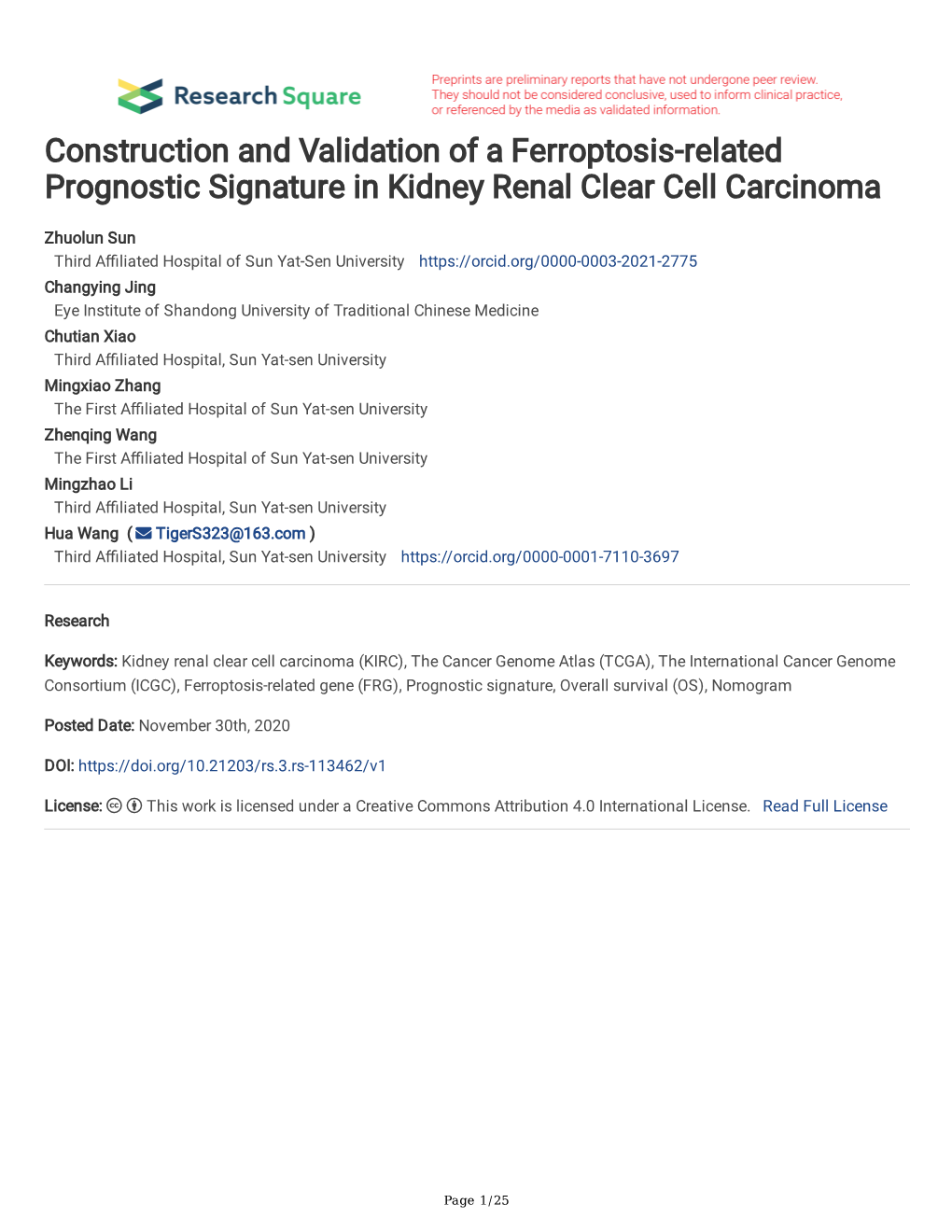 Construction and Validation of a Ferroptosis-Related Prognostic Signature in Kidney Renal Clear Cell Carcinoma