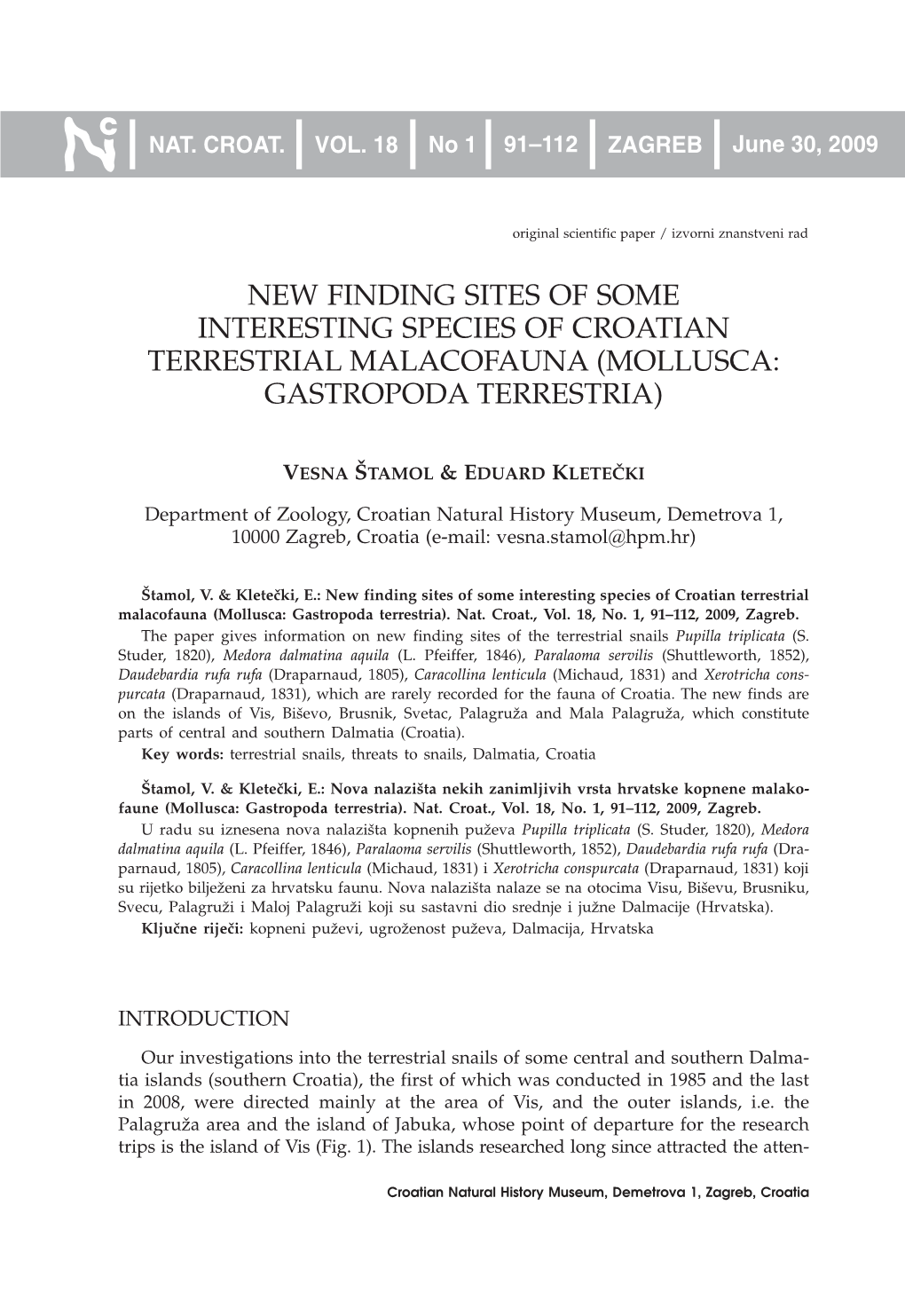 New Finding Sites of Some Interesting Species of Croatian Terrestrial Malacofauna (Mollusca: Gastropoda Terrestria)