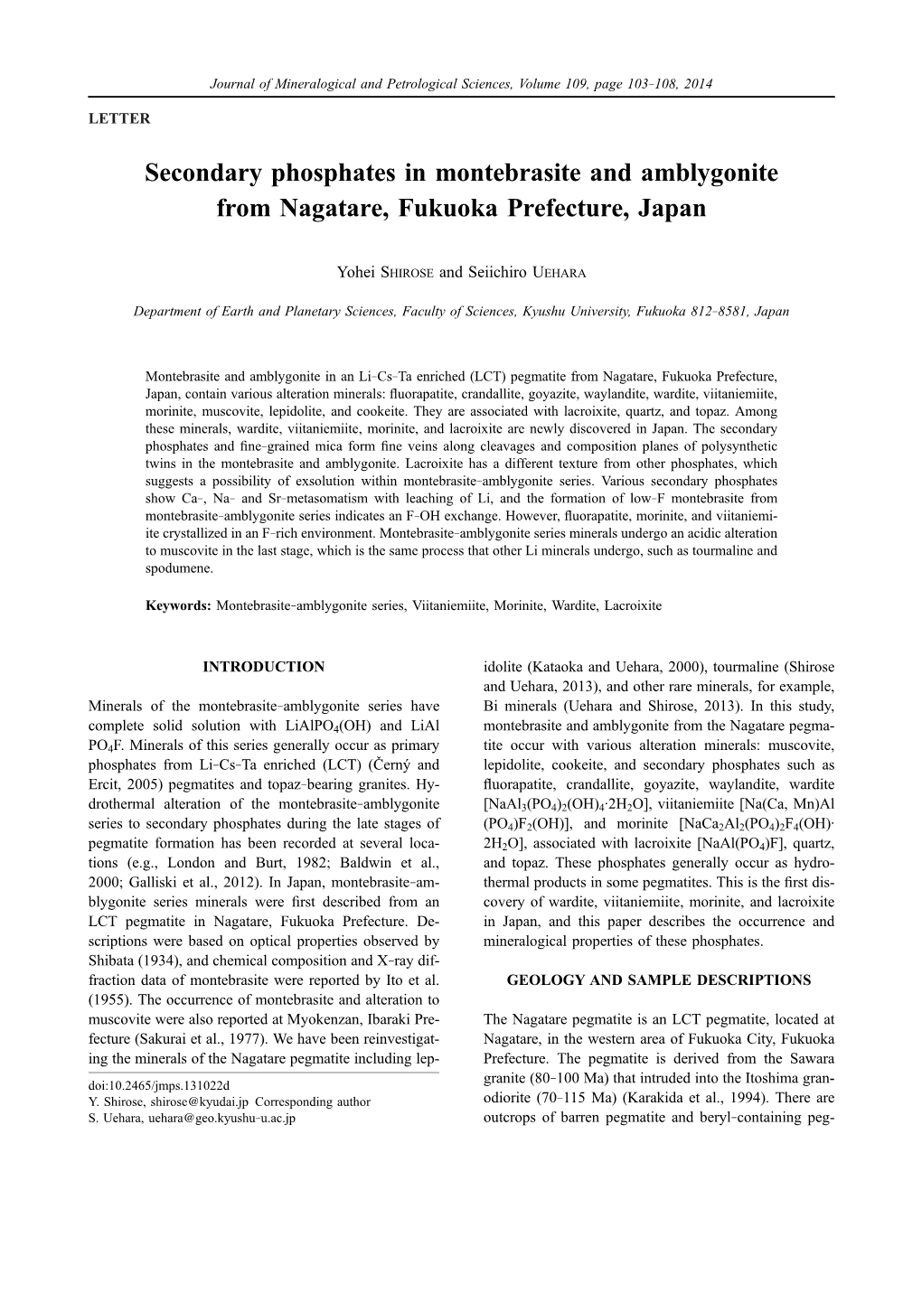 Secondary Phosphates in Montebrasite and Amblygonite from Nagatare, Fukuoka Prefecture, Japan
