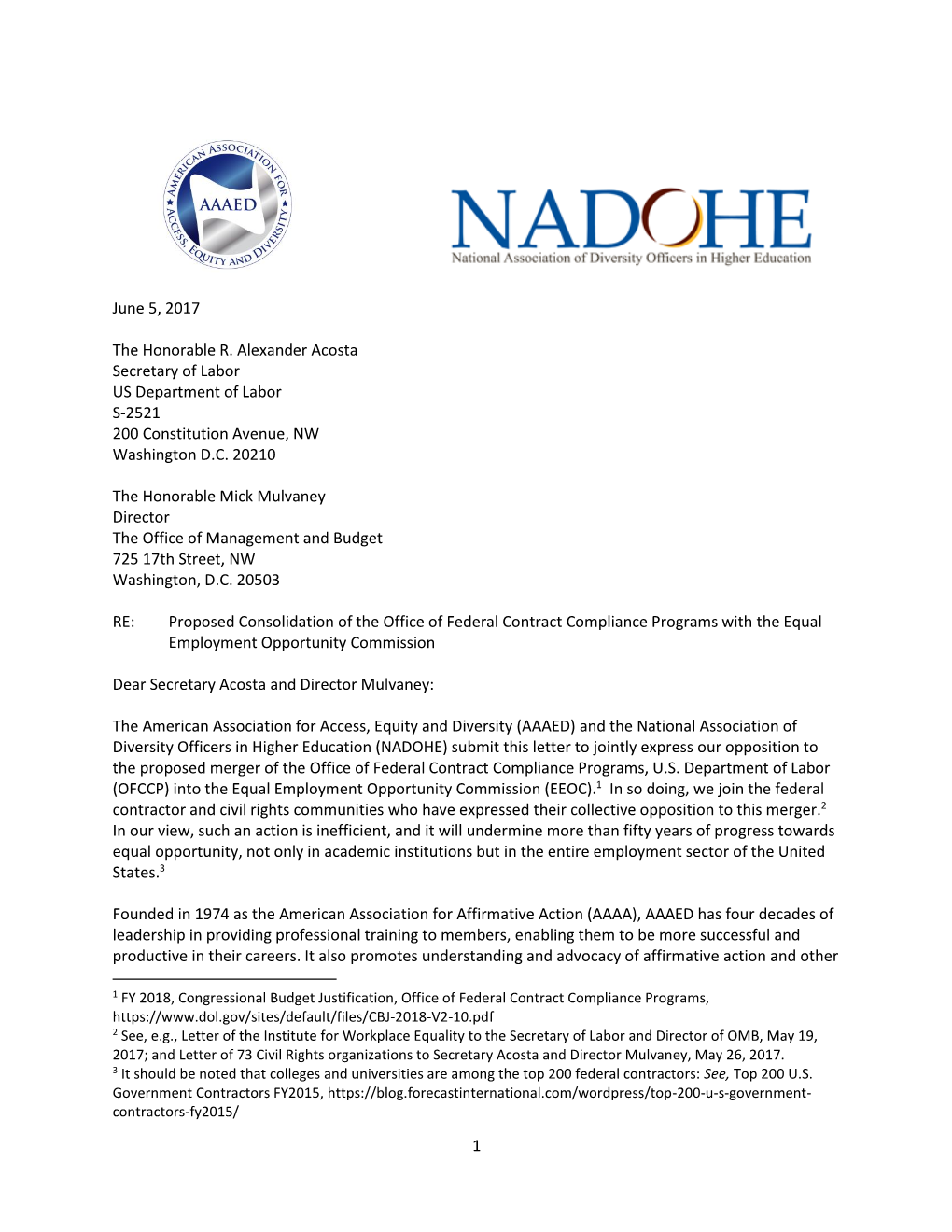 AAAED NADOHE Statement on OFCCP EEOC Merger