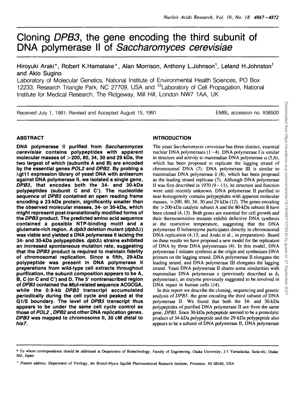 Cloning DPB3, the Gene Encoding the Third Subunit of DNA Polymerase II of Saccharomyces Cerevisiae