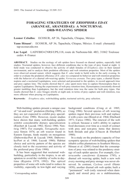 Foraging Strategies of Eriophora Edax (Araneae, Araneidae): a Nocturnal Orb-Weaving Spider