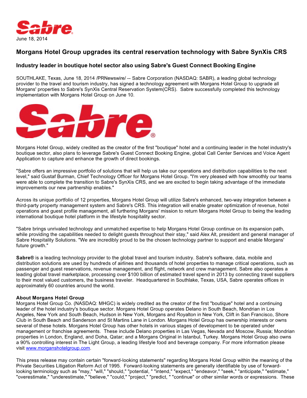 Morgans Hotel Group Upgrades Its Central Reservation Technology with Sabre Synxis CRS