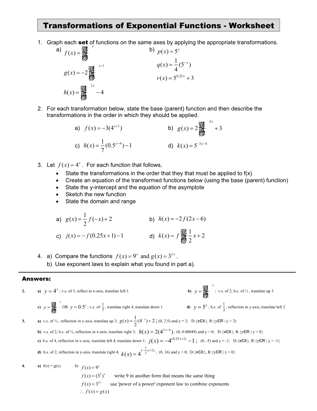 Transformations of Exponential Functions - Worksheet