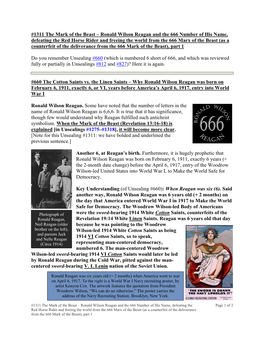 1311 the Mark of the Beast – Ronald Wilson Reagan and the 666 Number of His Name, Defeating the Red Horse Rider and Freeing T