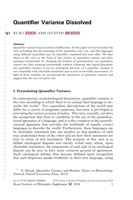 Quantifier Variance Dissolved 3 4Q1 SUKI FINN and OTÁVIO BUENO 5 6 7 Abstract 8 Quantifier Variance Faces a Number of Difficulties