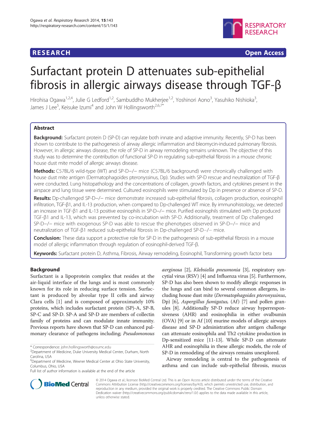 Surfactant Protein D Attenuates Sub-Epithelial Fibrosis in Allergic