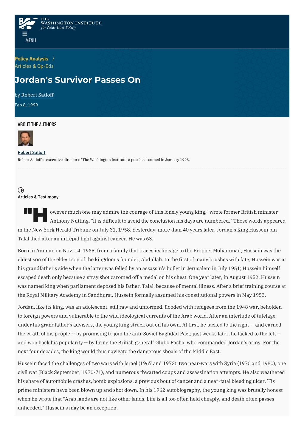Jordan's Survivor Passes on | the Washington Institute