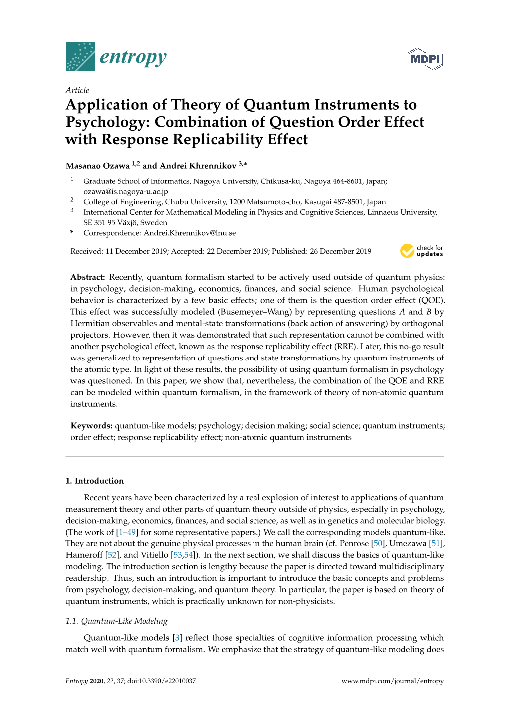 Application of Theory of Quantum Instruments to Psychology: Combination of Question Order Effect with Response Replicability Effect