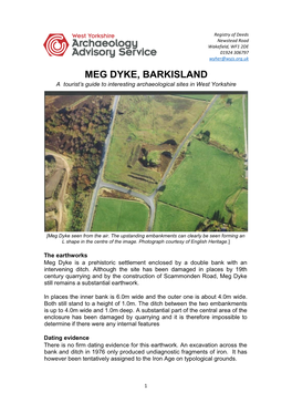 MEG DYKE, BARKISLAND a Tourist’S Guide to Interesting Archaeological Sites in West Yorkshire