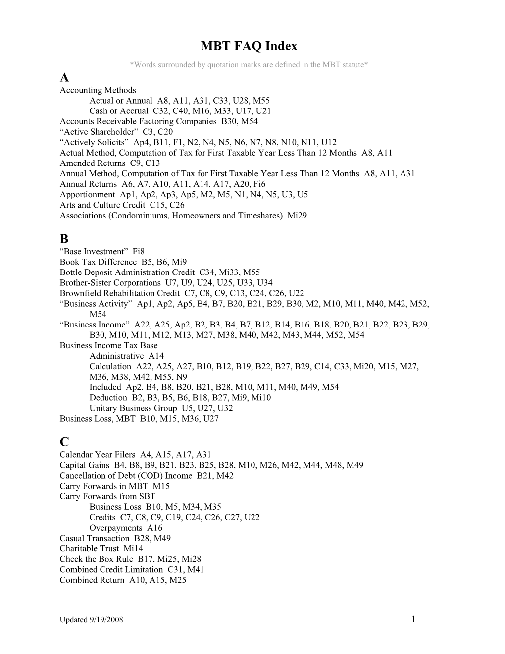 MBT FAQ Index