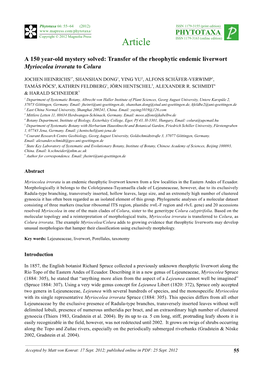 Transfer of the Rheophytic Endemic Liverwort Myriocolea Irrorata to Colura