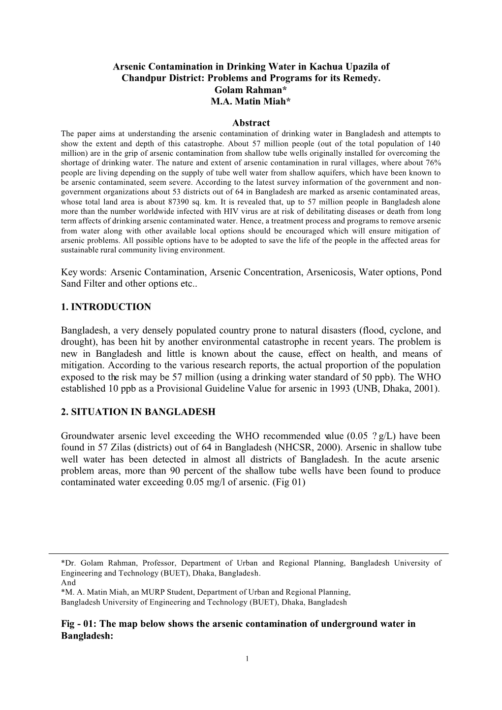 Arsenic Contamination in Drinking Water in Kachua Upazila of Chandpur District: Problems and Programs for Its Remedy