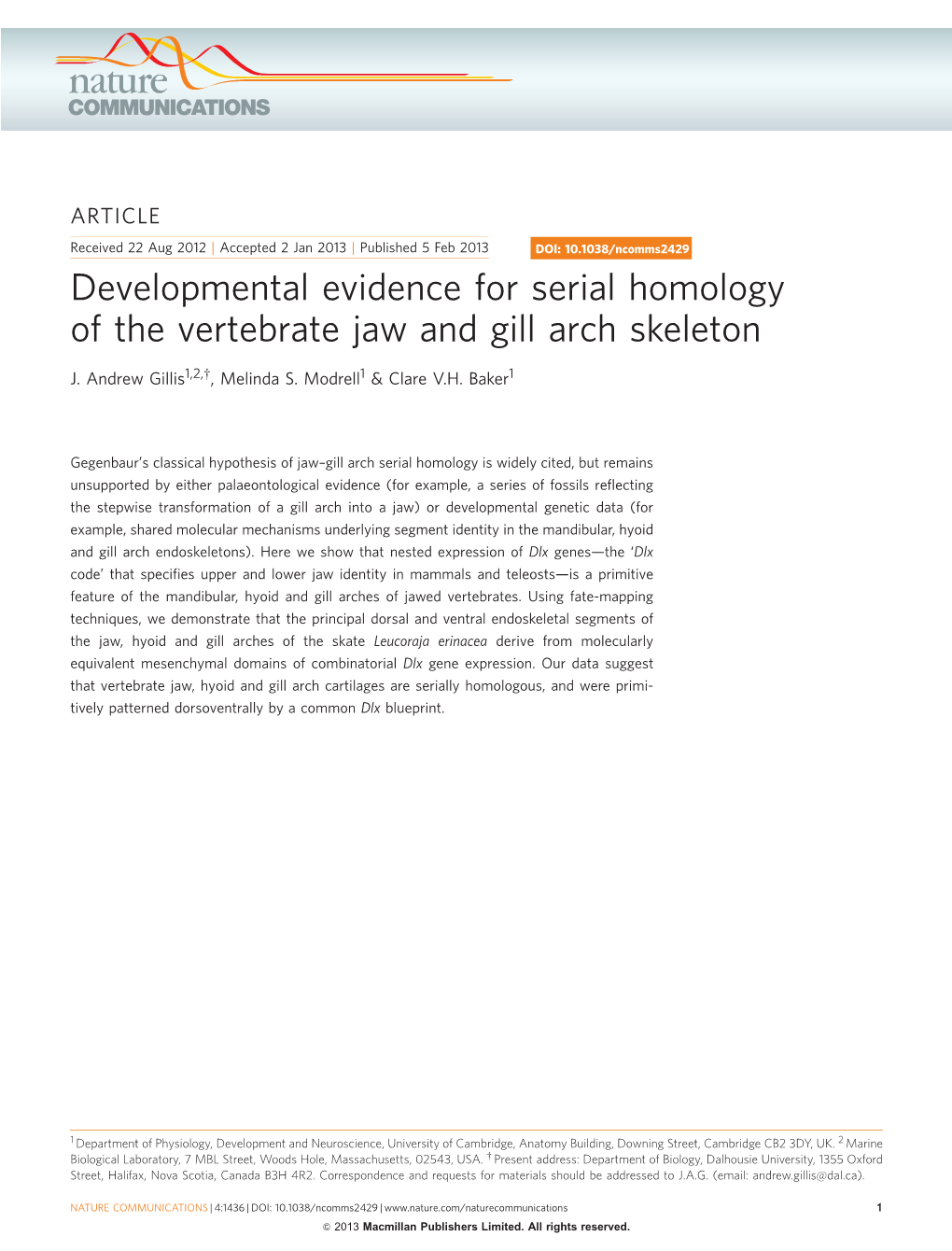 Developmental Evidence for Serial Homology of the Vertebrate Jaw and Gill Arch Skeleton