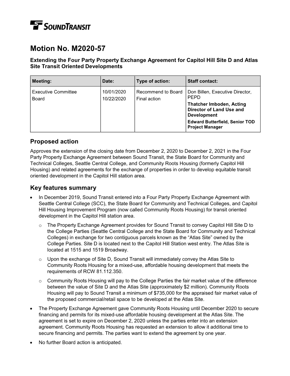 Motion No. M2020-57 Extending the Four Party Property Exchange Agreement for Capitol Hill Site D and Atlas Site Transit Oriented Developments