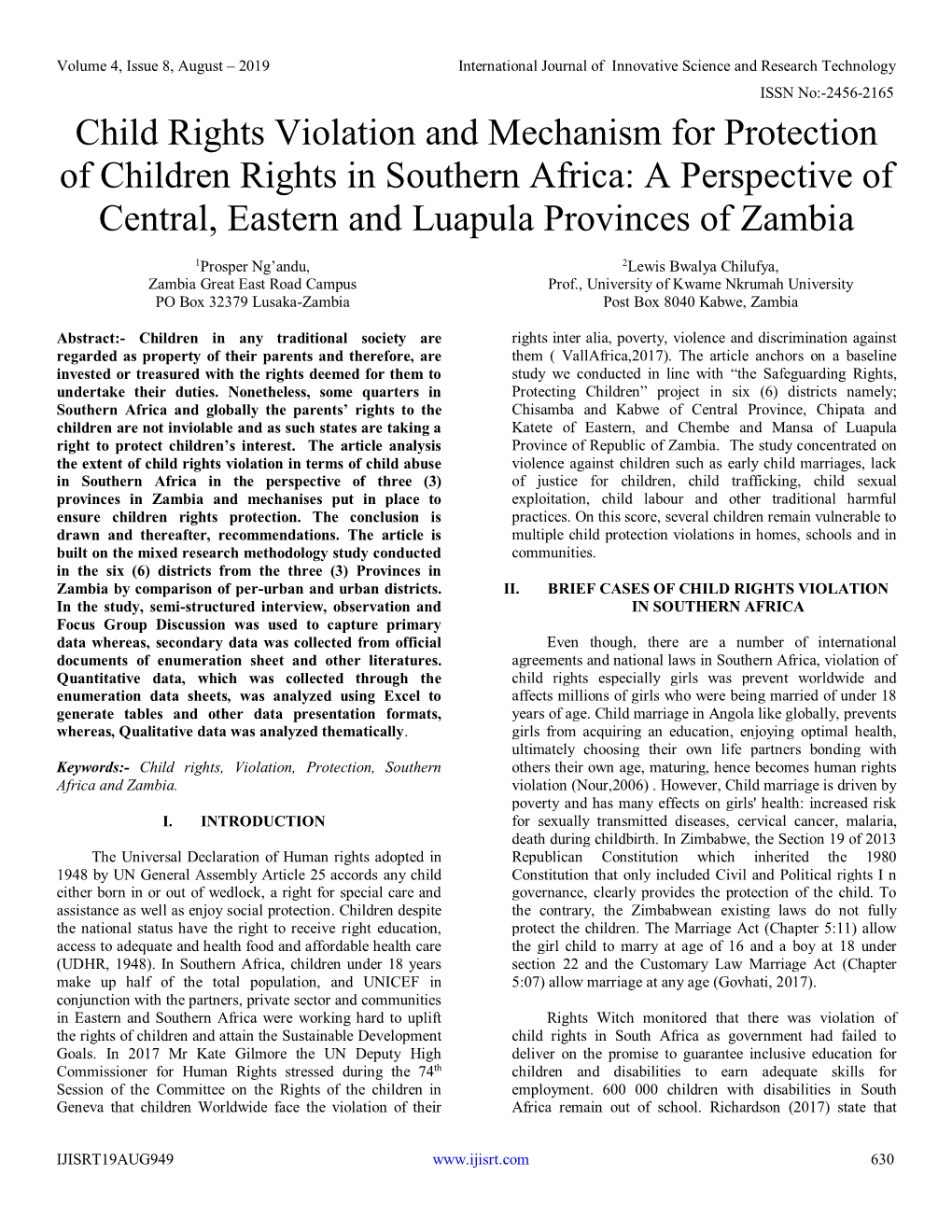 Child Rights Violation and Mechanism for Protection of Children Rights in Southern Africa: a Perspective of Central, Eastern and Luapula Provinces of Zambia