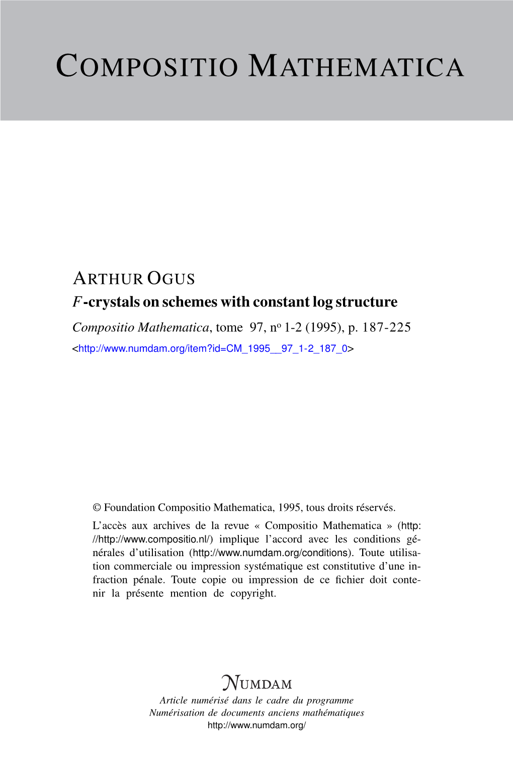 F-Crystals on Schemes with Constant Log Structure Compositio Mathematica, Tome 97, No 1-2 (1995), P