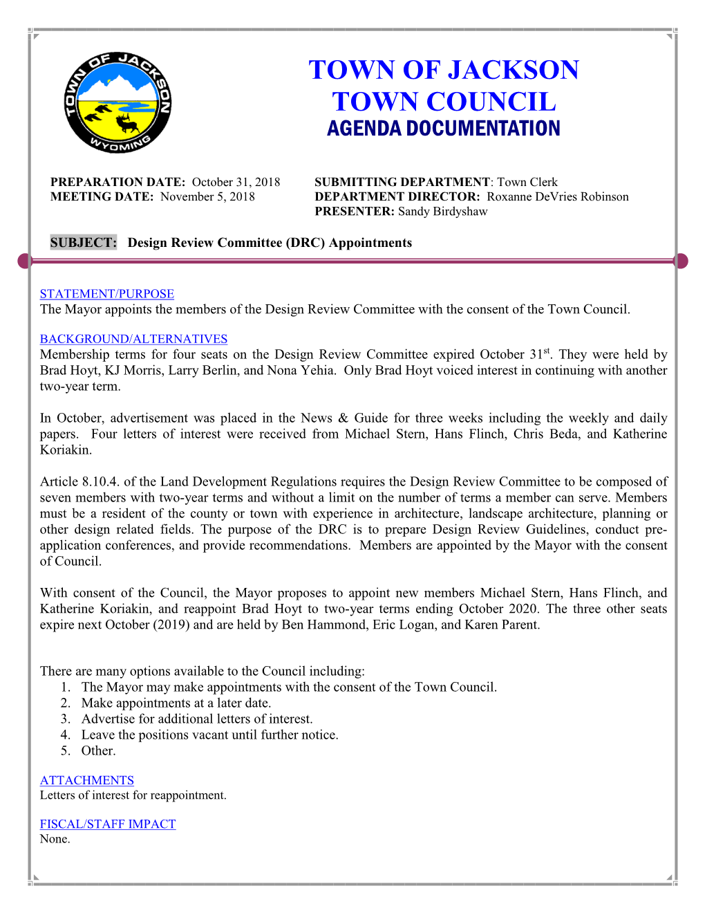 Town of Jackson Town Council Agenda Documentation