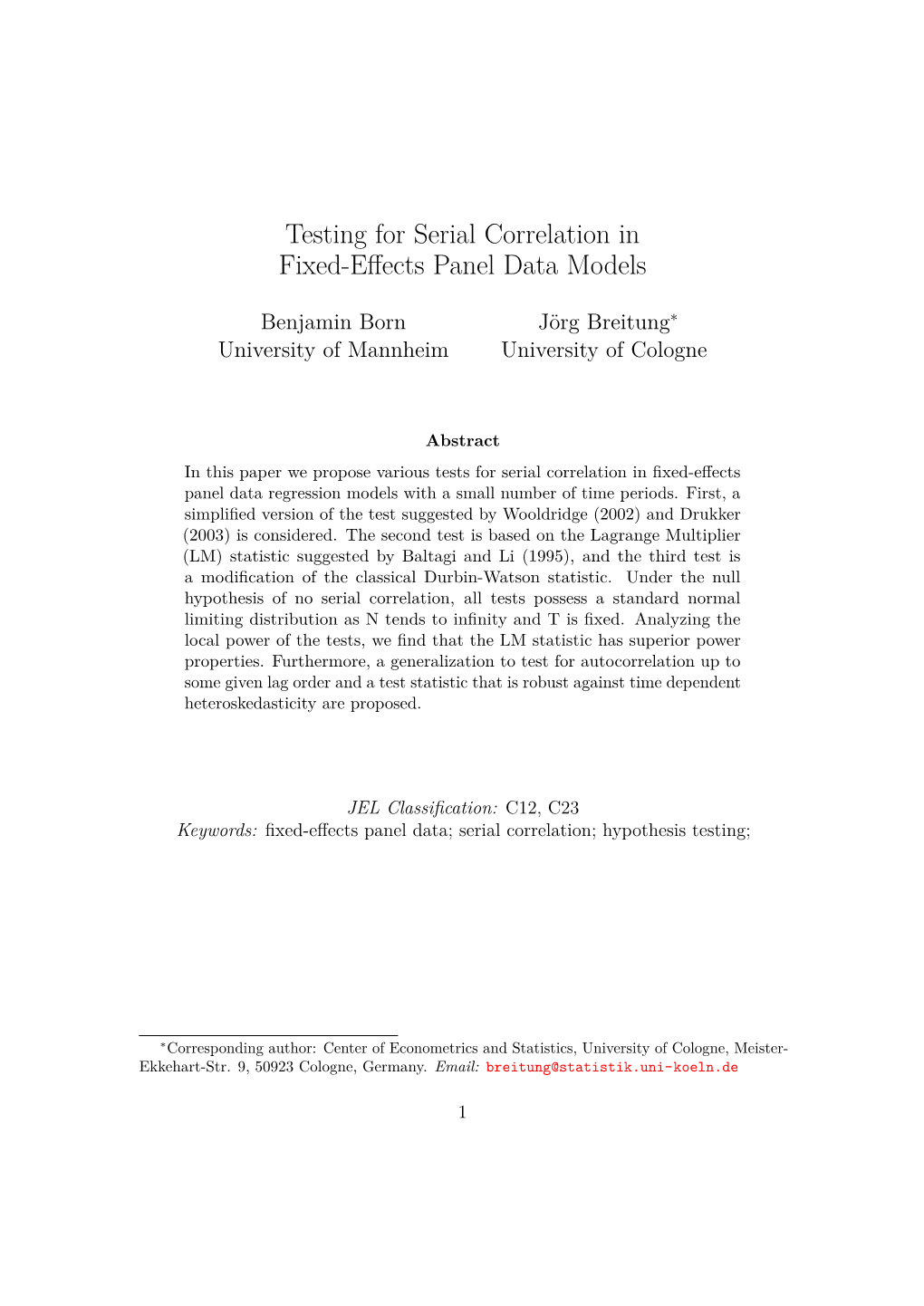 Testing for Serial Correlation in Fixed-Effects Panel Data Models