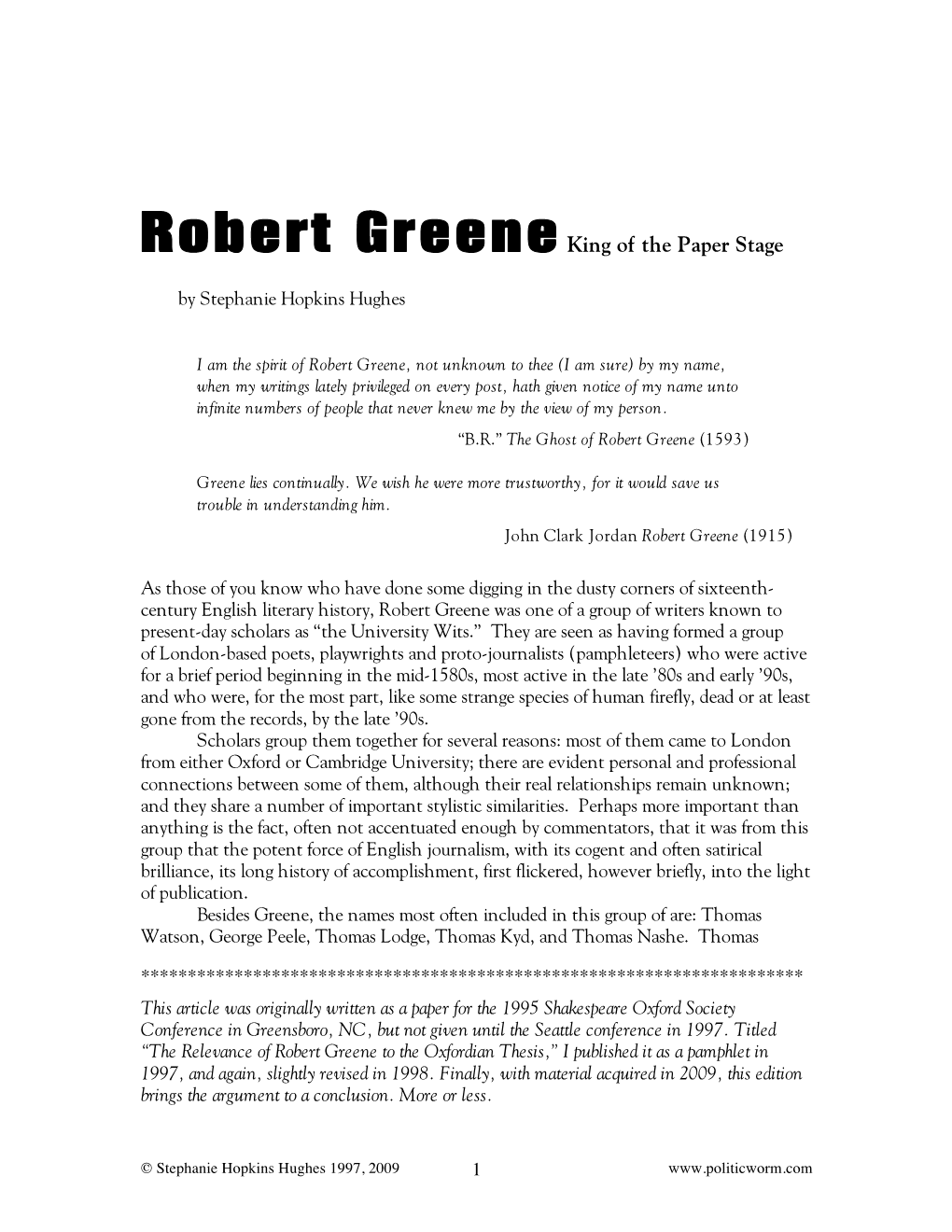 Robert Greene King of the Paper Stage