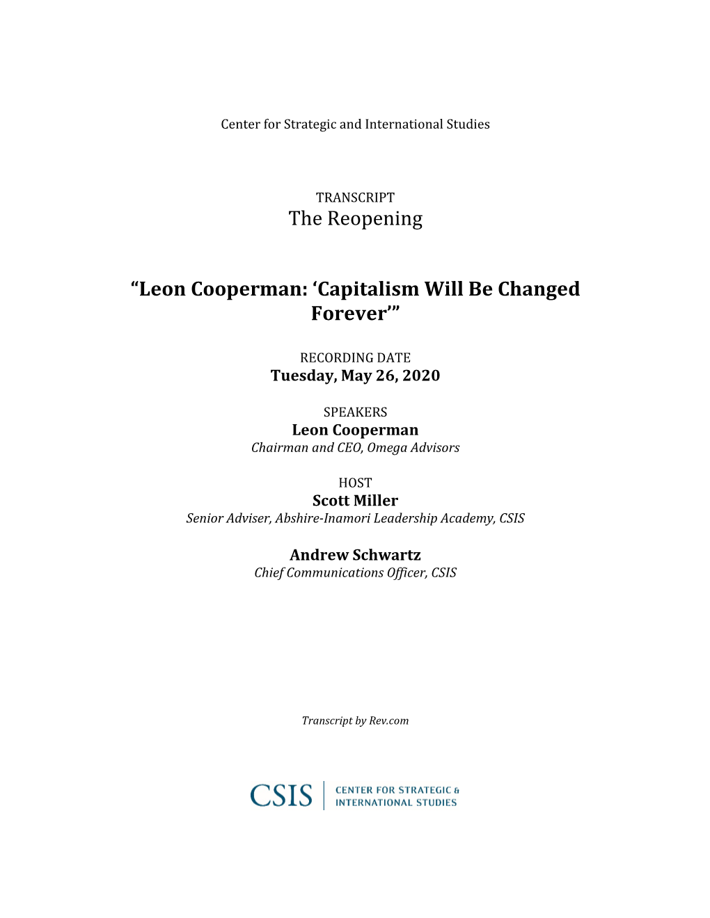 The Reopening “Leon Cooperman: 'Capitalism Will Be Changed Forever'”