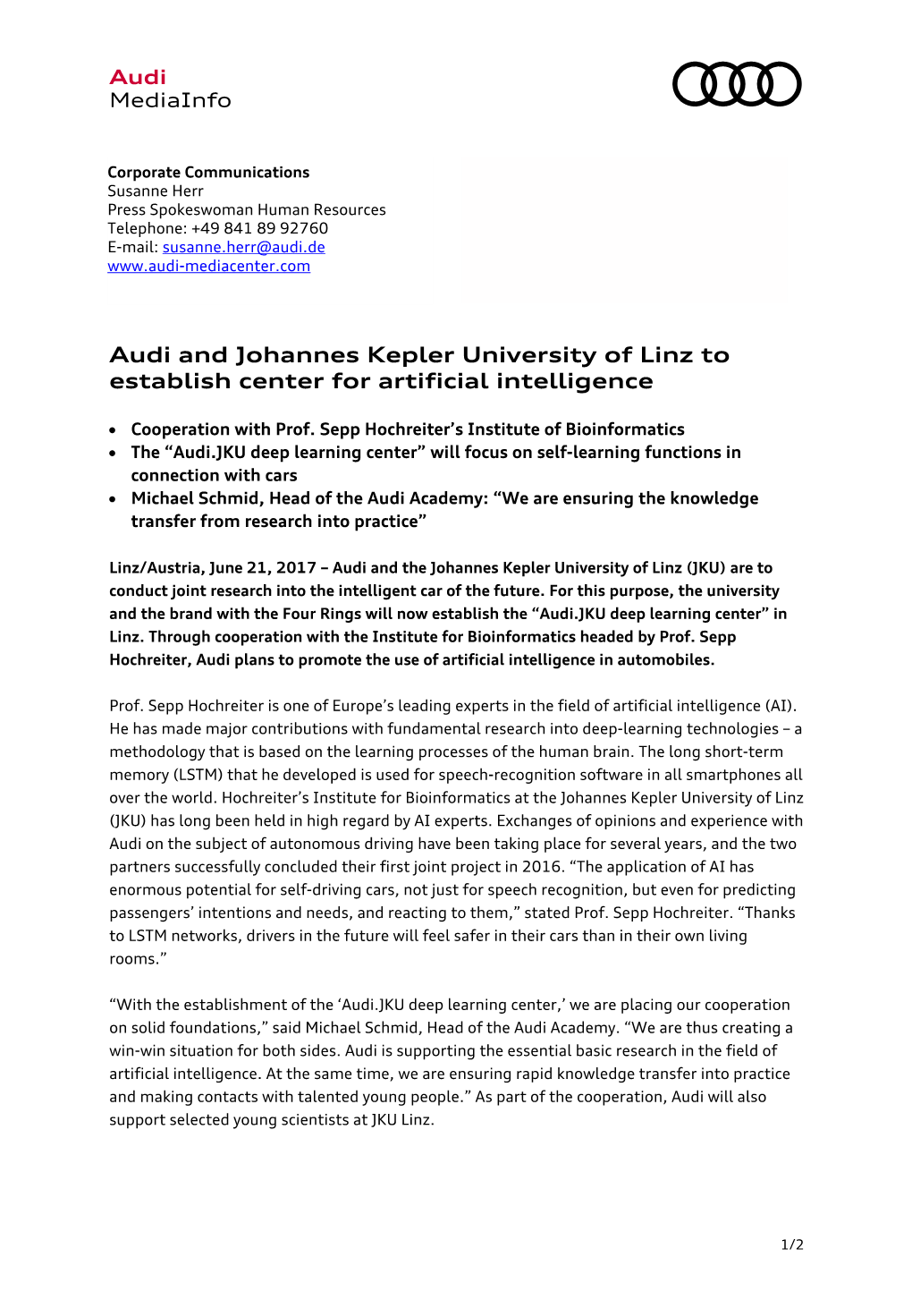 Audi and Johannes Kepler University of Linz to Establish Center for Artificial Intelligence