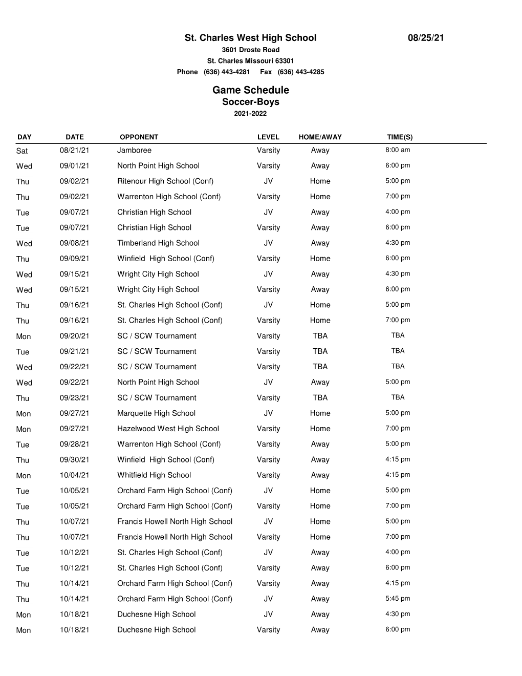 Game Schedules PDF