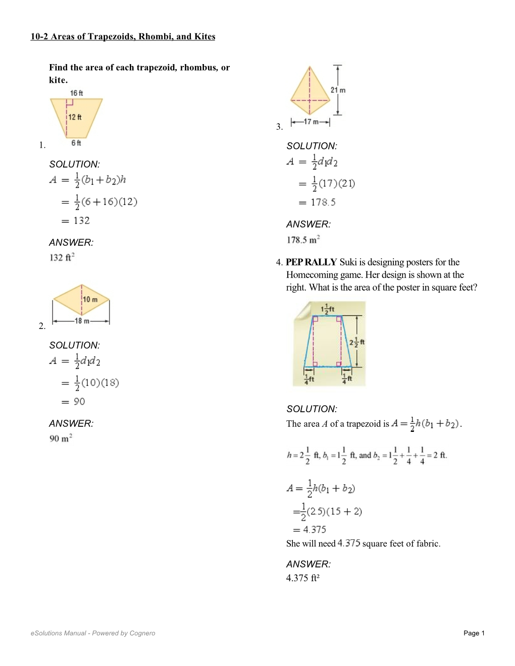 10-2 Areas of Trapezoids, Rhombi, and Kites