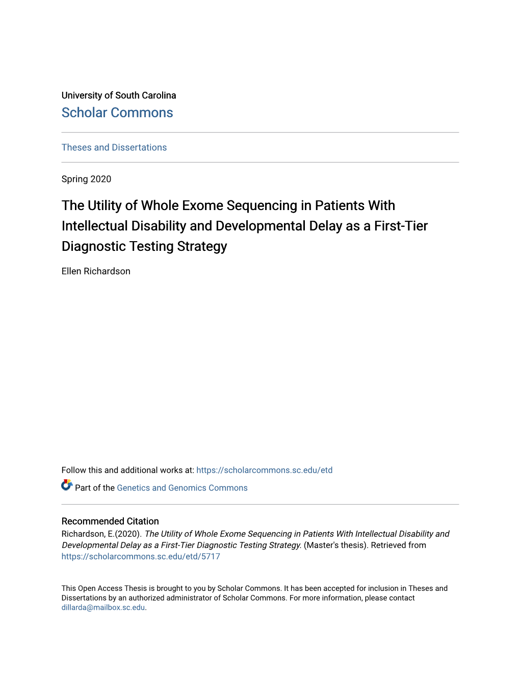 The Utility of Whole Exome Sequencing in Patients with Intellectual Disability and Developmental Delay As a First-Tier Diagnostic Testing Strategy