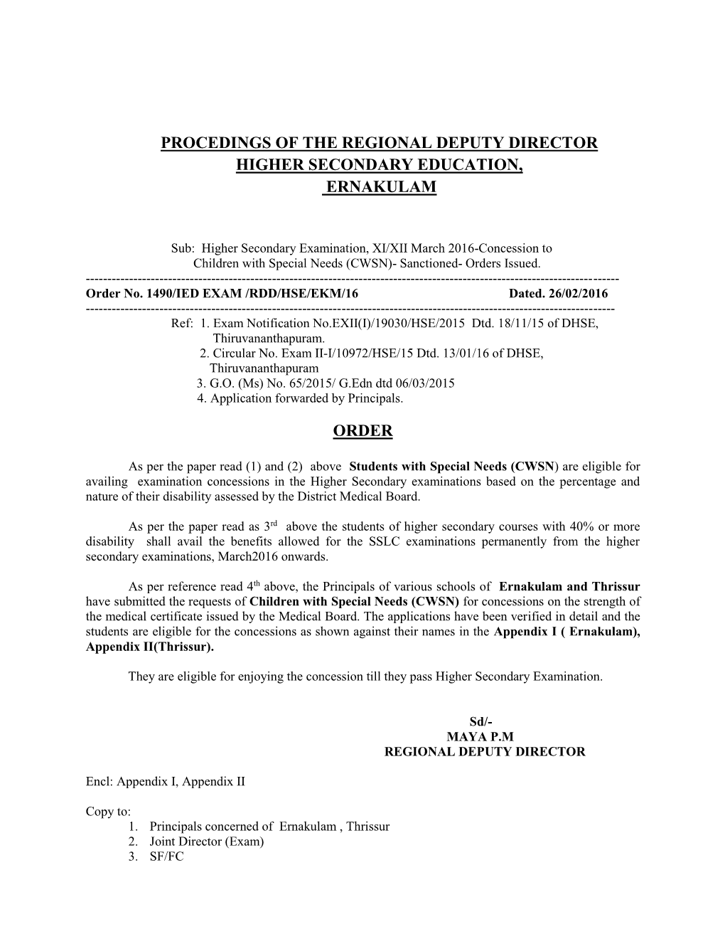 Procedings of the Regional Deputy Director Higher Secondary Education, Ernakulam