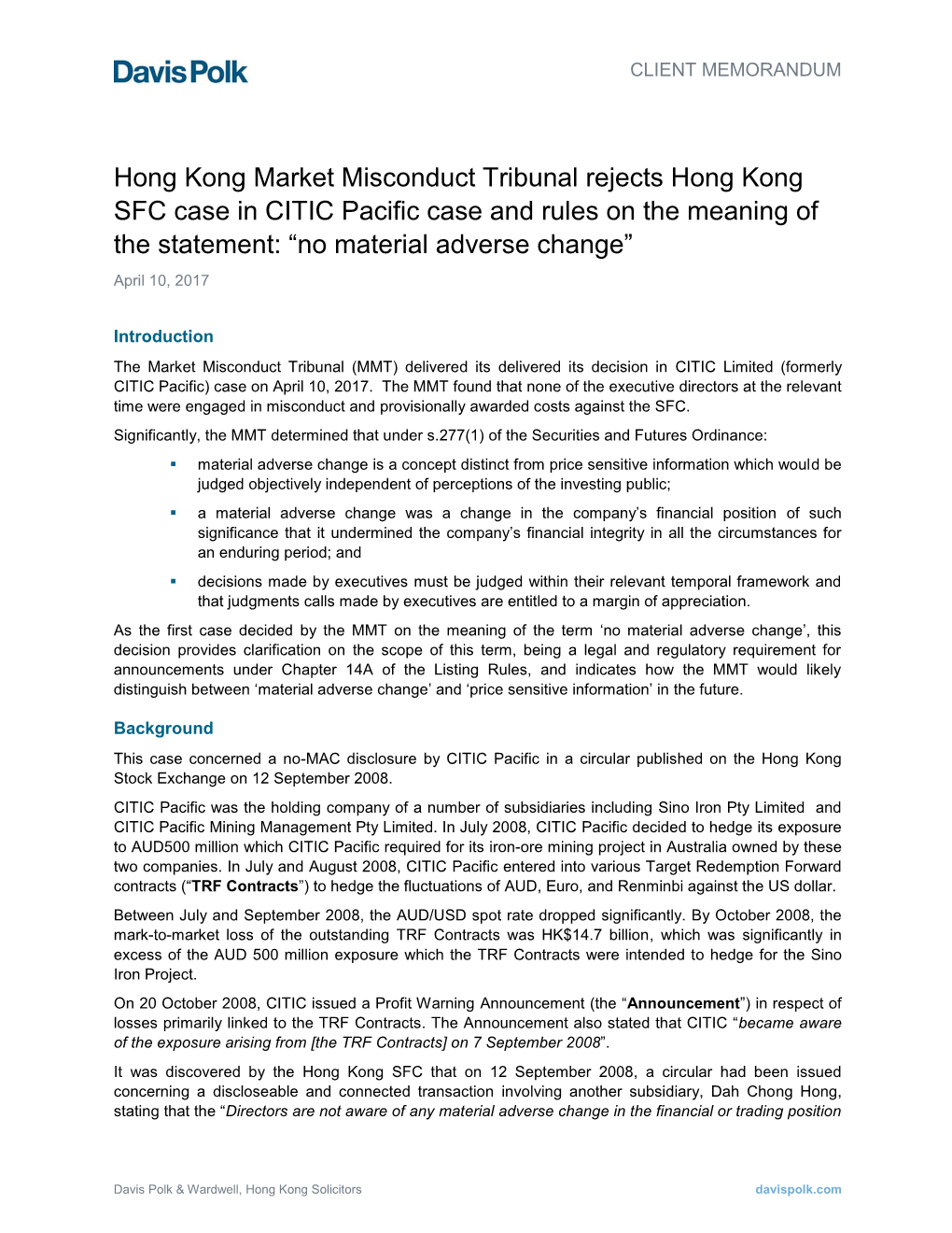 Hong Kong Market Misconduct Tribunal Rejects Hong Kong SFC