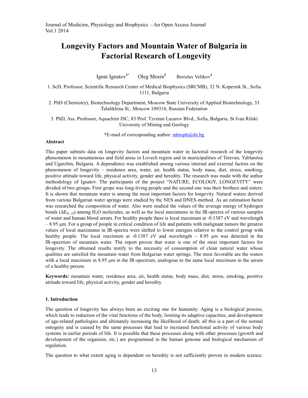 Longevity Factors and Mountain Water of Bulgaria in Factorial Research of Longevity