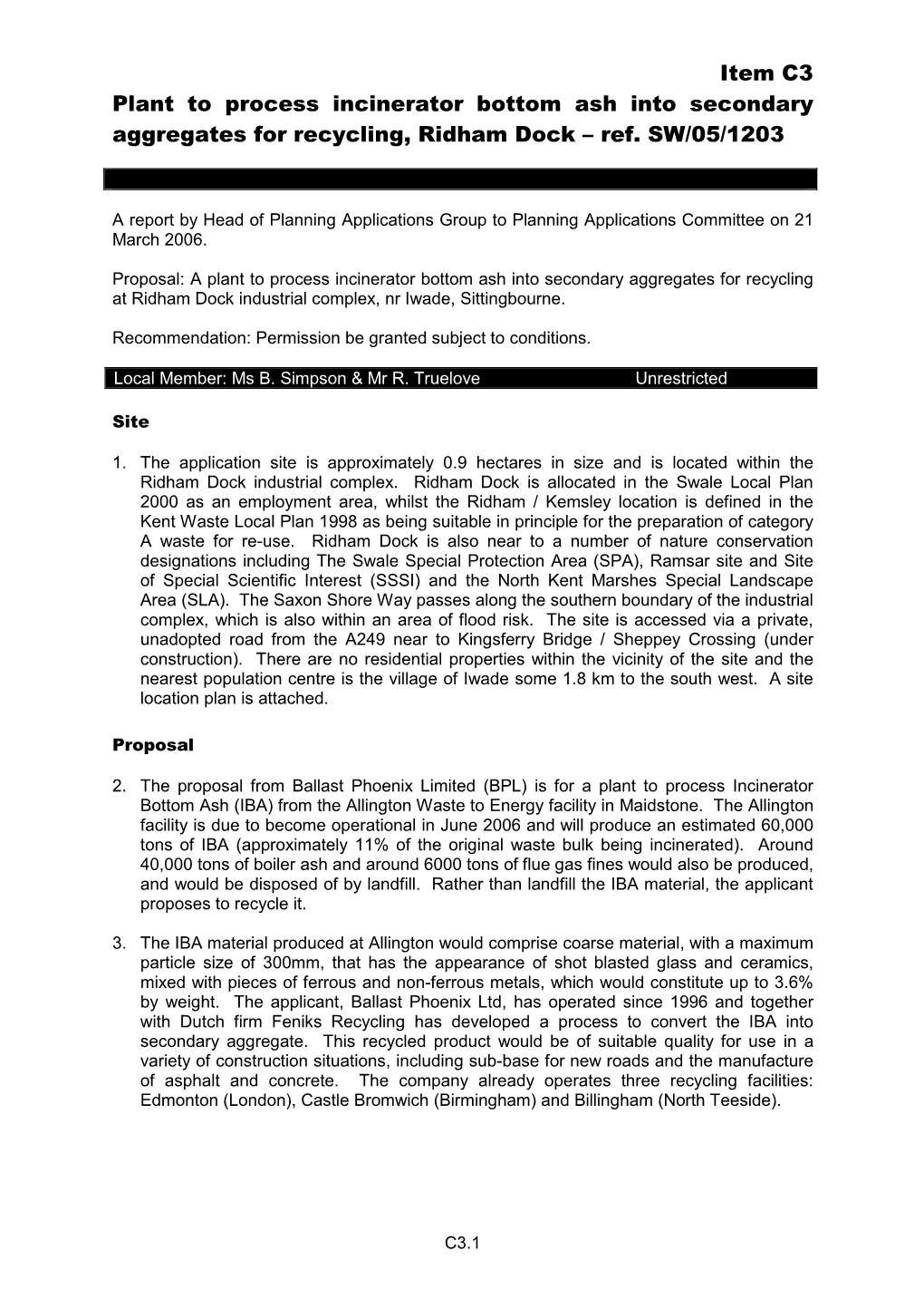 Item C3 Plant to Process Incinerator Bottom Ash Into Secondary Aggregates for Recycling, Ridham Dock – Ref