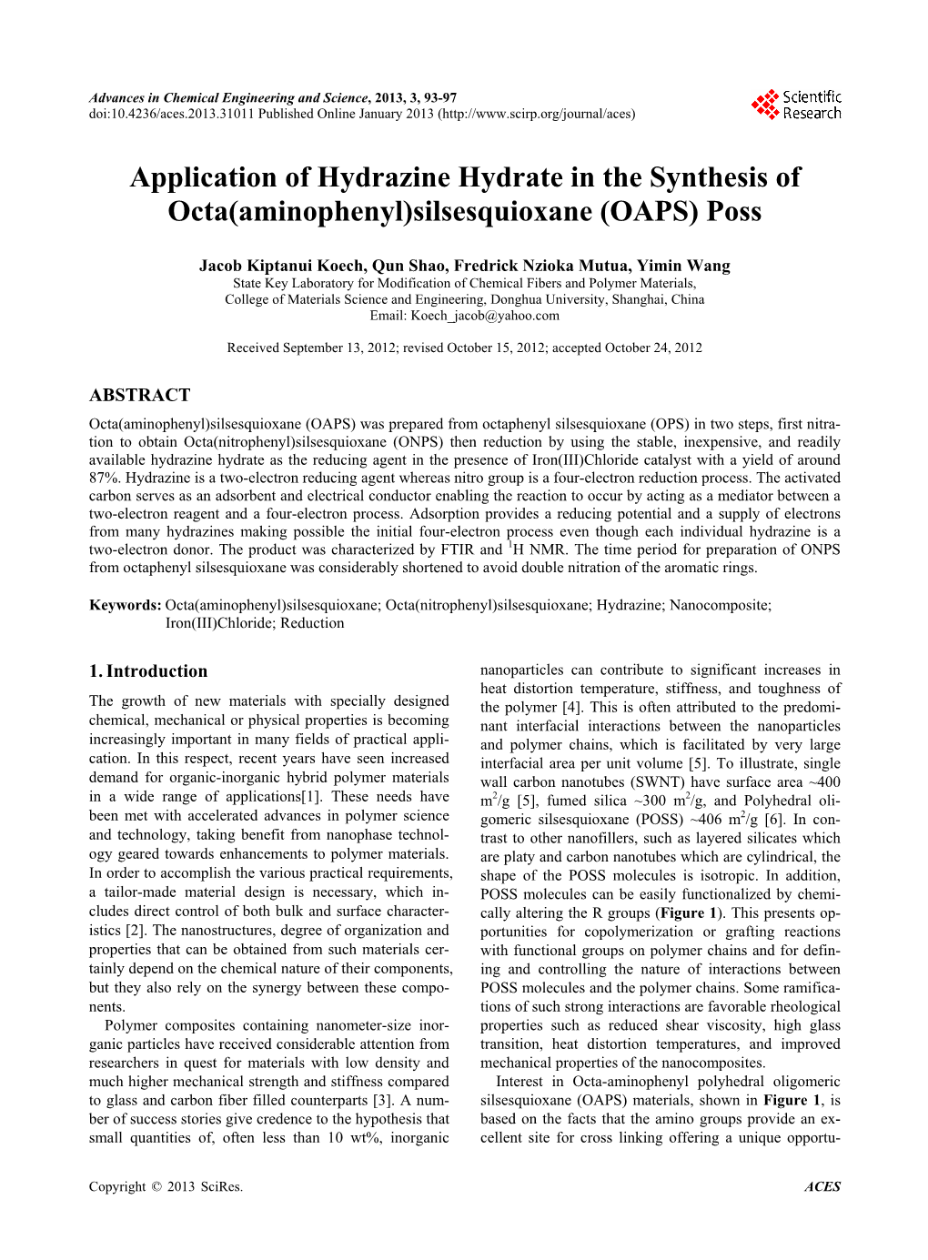 Application of Hydrazine Hydrate in the Synthesis of Octa(Aminophenyl)Silsesquioxane (OAPS) Poss