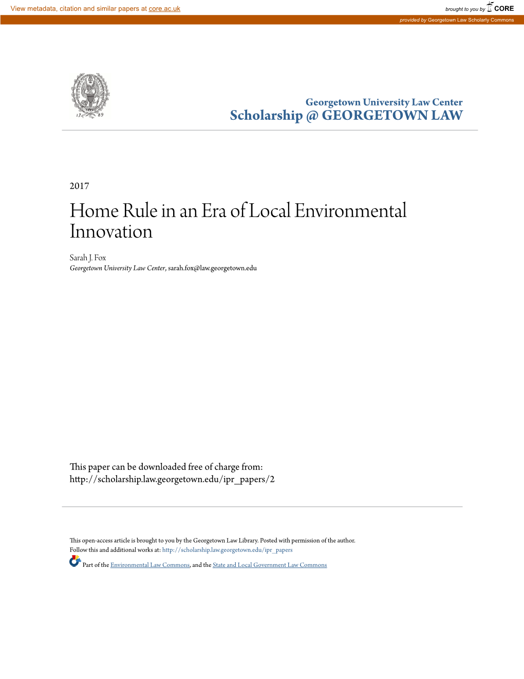 Home Rule in an Era of Local Environmental Innovation Sarah J