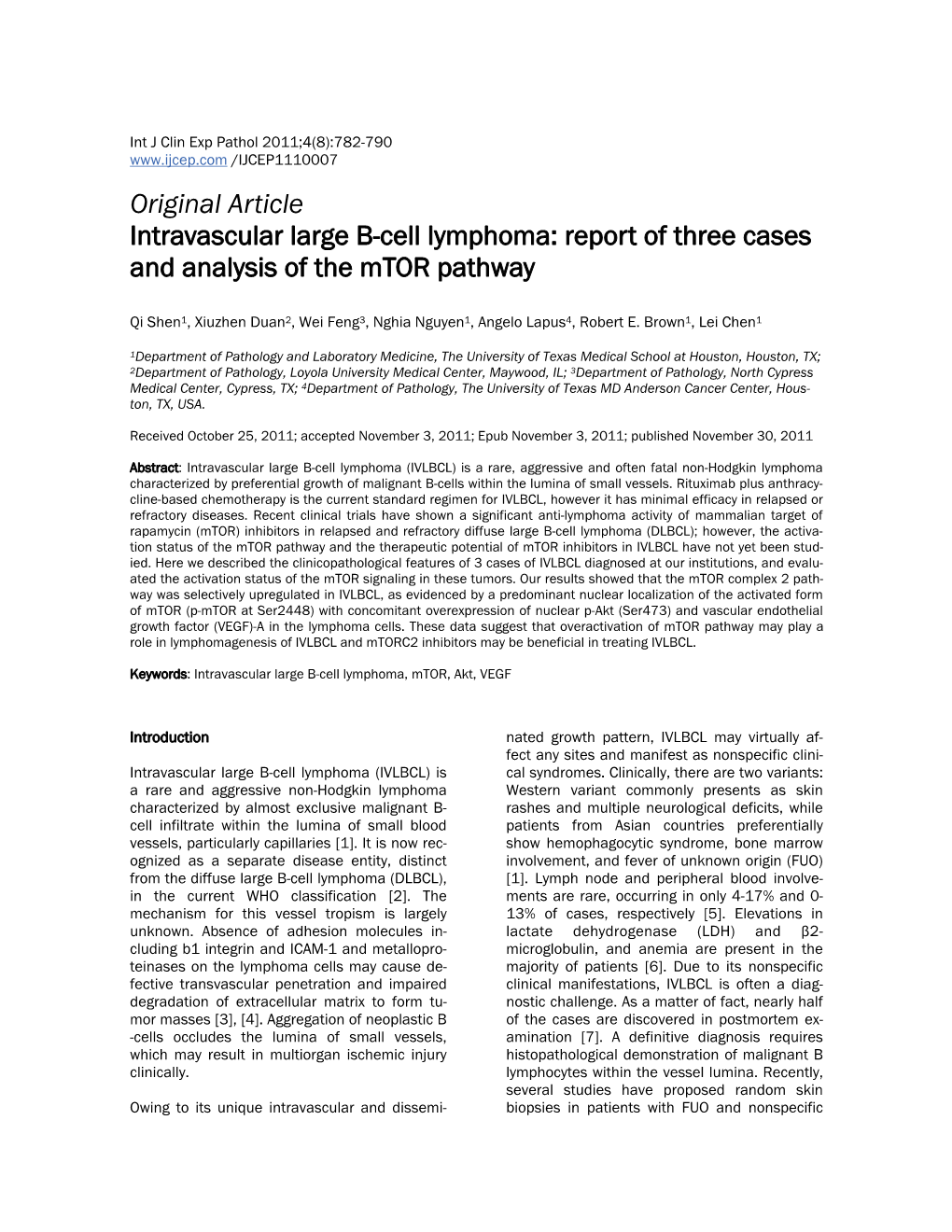 Original Article Intravascular Large B-Cell Lymphoma: Report of Three Cases and Analysis of the Mtor Pathway