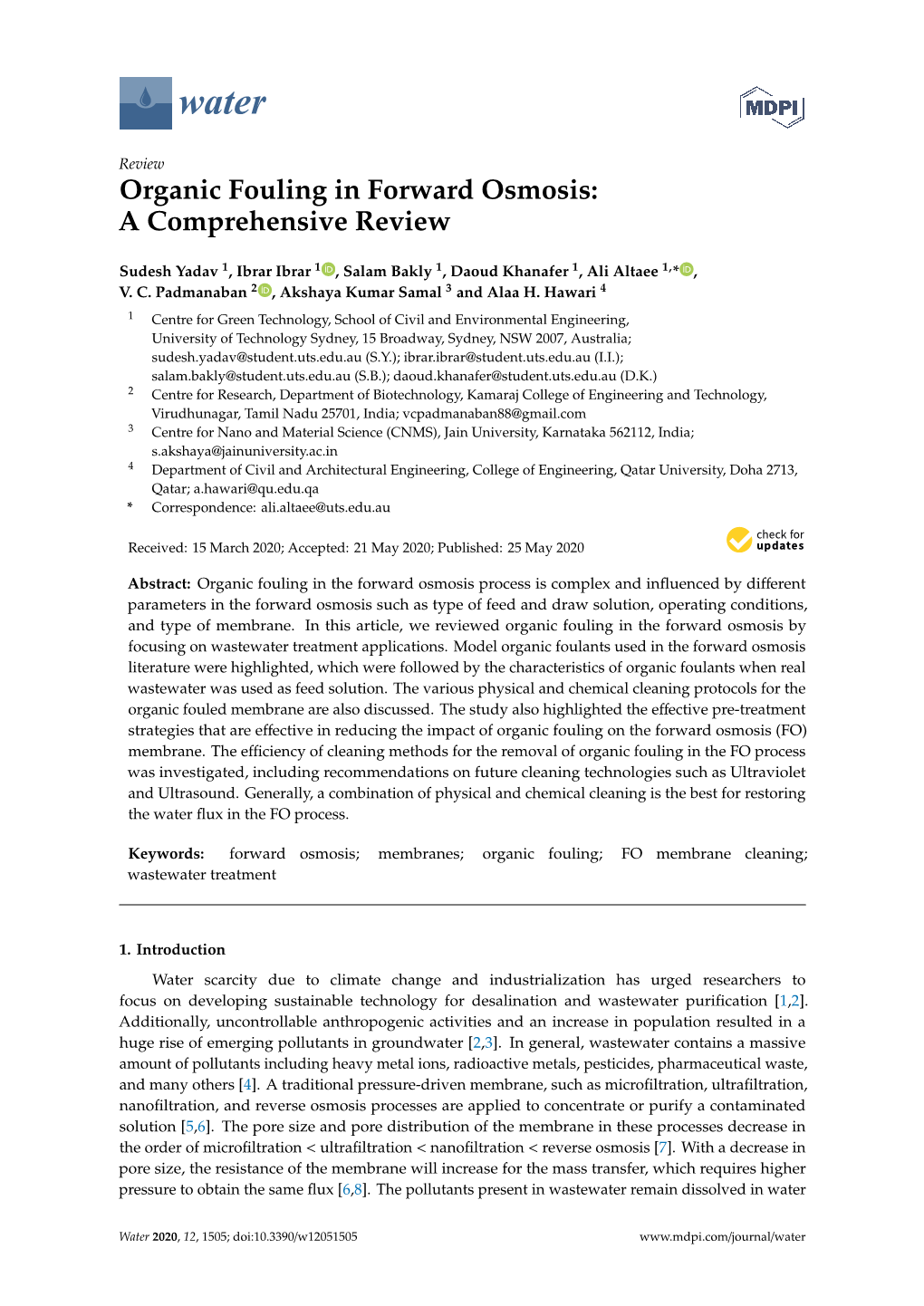 Organic Fouling in Forward Osmosis: a Comprehensive Review