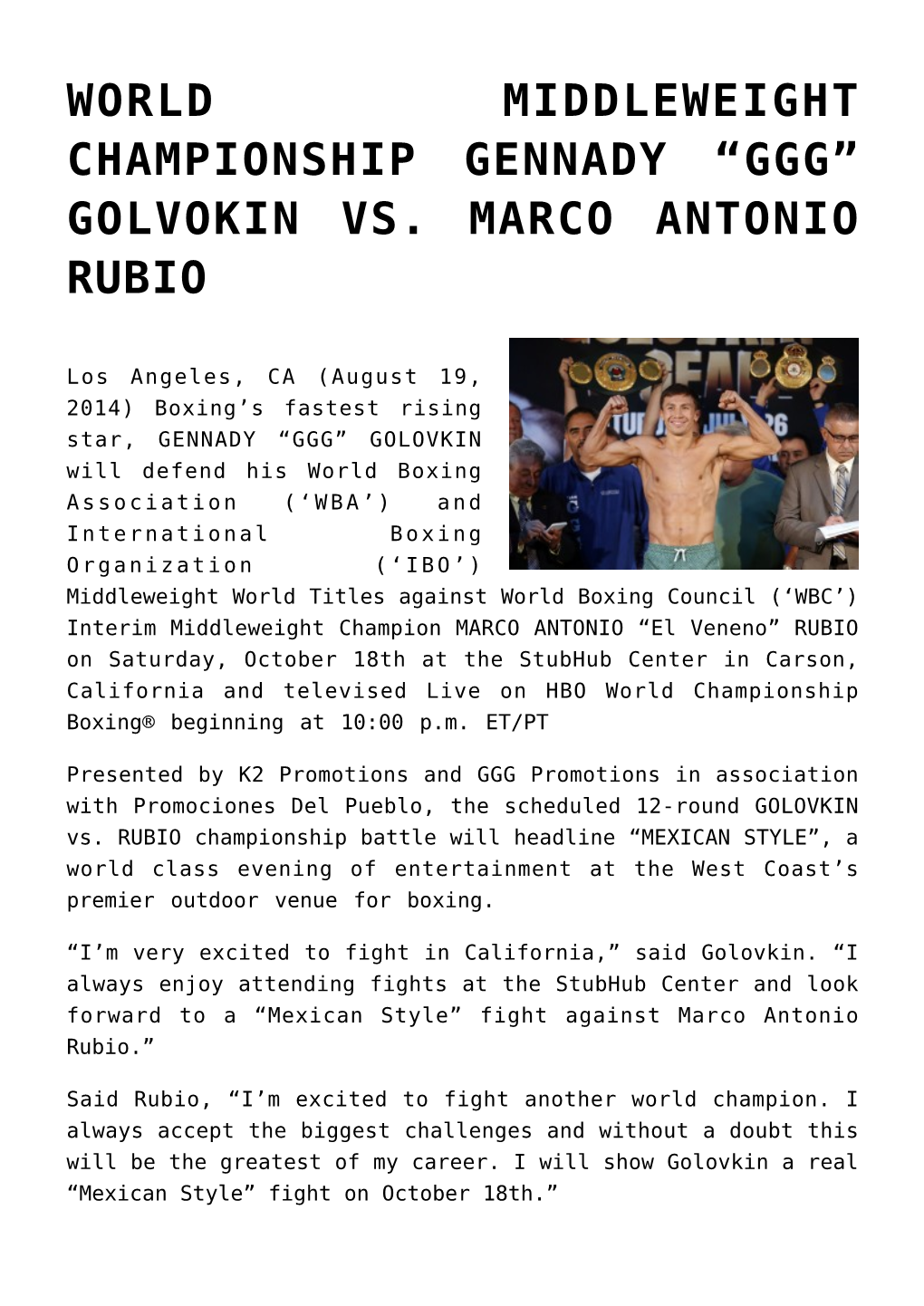 World Middleweight Championship Gennady “Ggg” Golvokin Vs