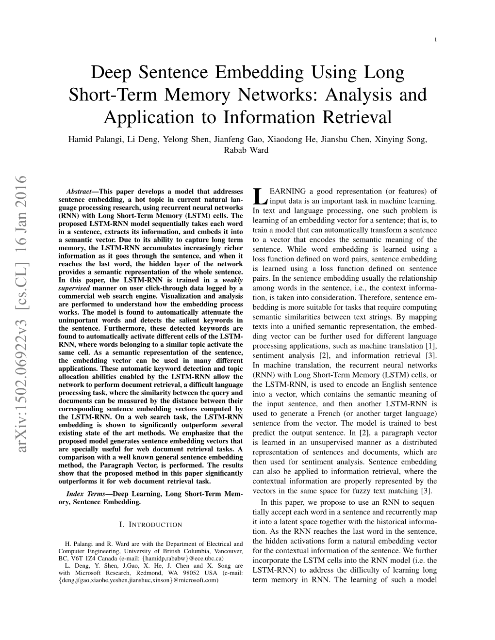 Deep Sentence Embedding Using Long Short-Term Memory Networks