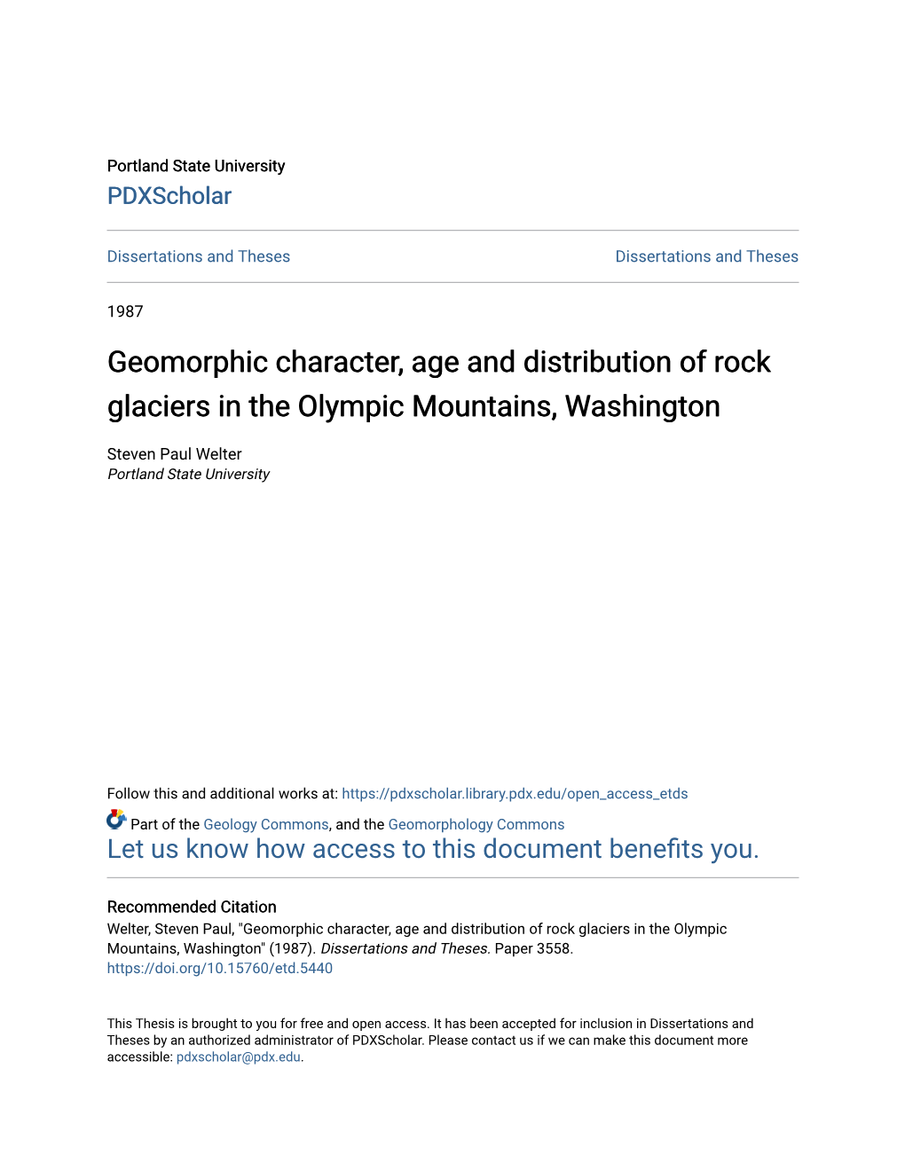 Geomorphic Character, Age and Distribution of Rock Glaciers in the Olympic Mountains, Washington