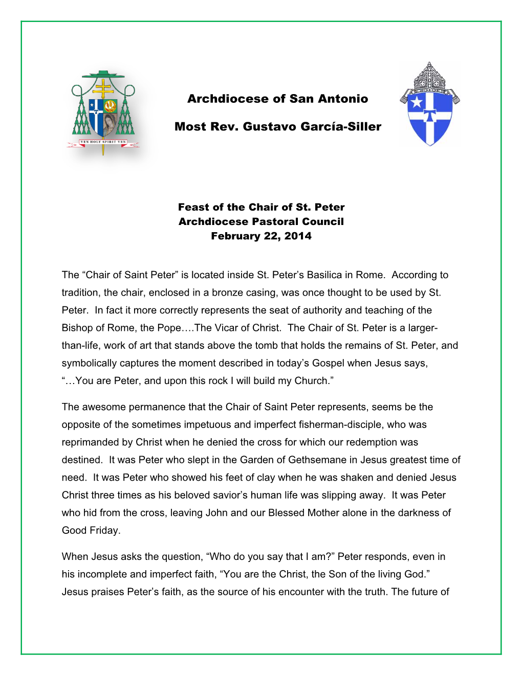 Feast of the Chair of St. Peter Archdiocese Pastoral Council February 22, 2014