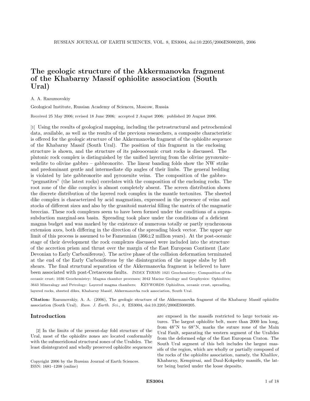 The Geologic Structure of the Akkermanovka Fragment of the Khabarny Massif Ophiolite Association (South Ural)