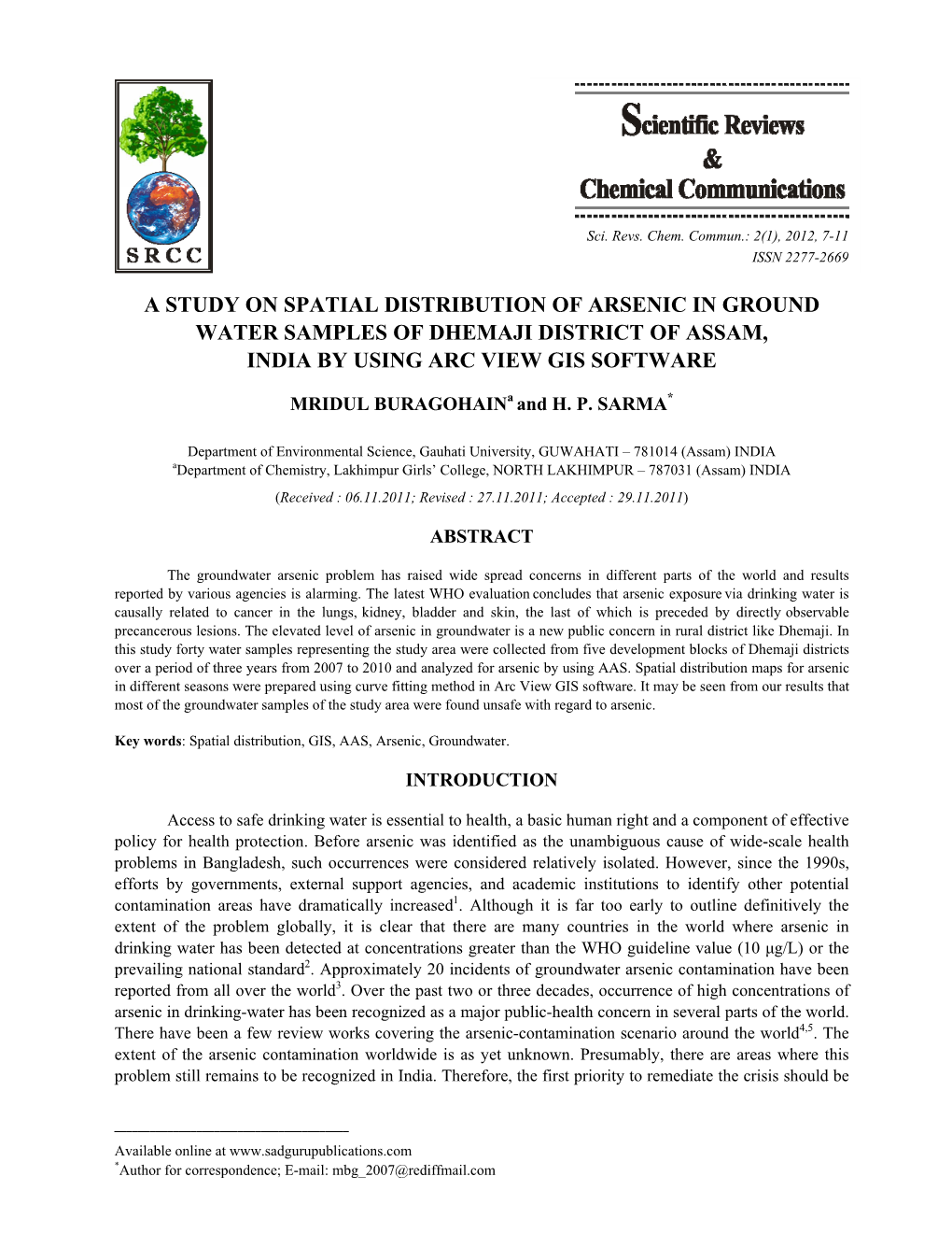 A Study on Spatial Distribution of Arsenic in Ground Water Samples of Dhemaji District of Assam, India by Using Arc View Gis Software