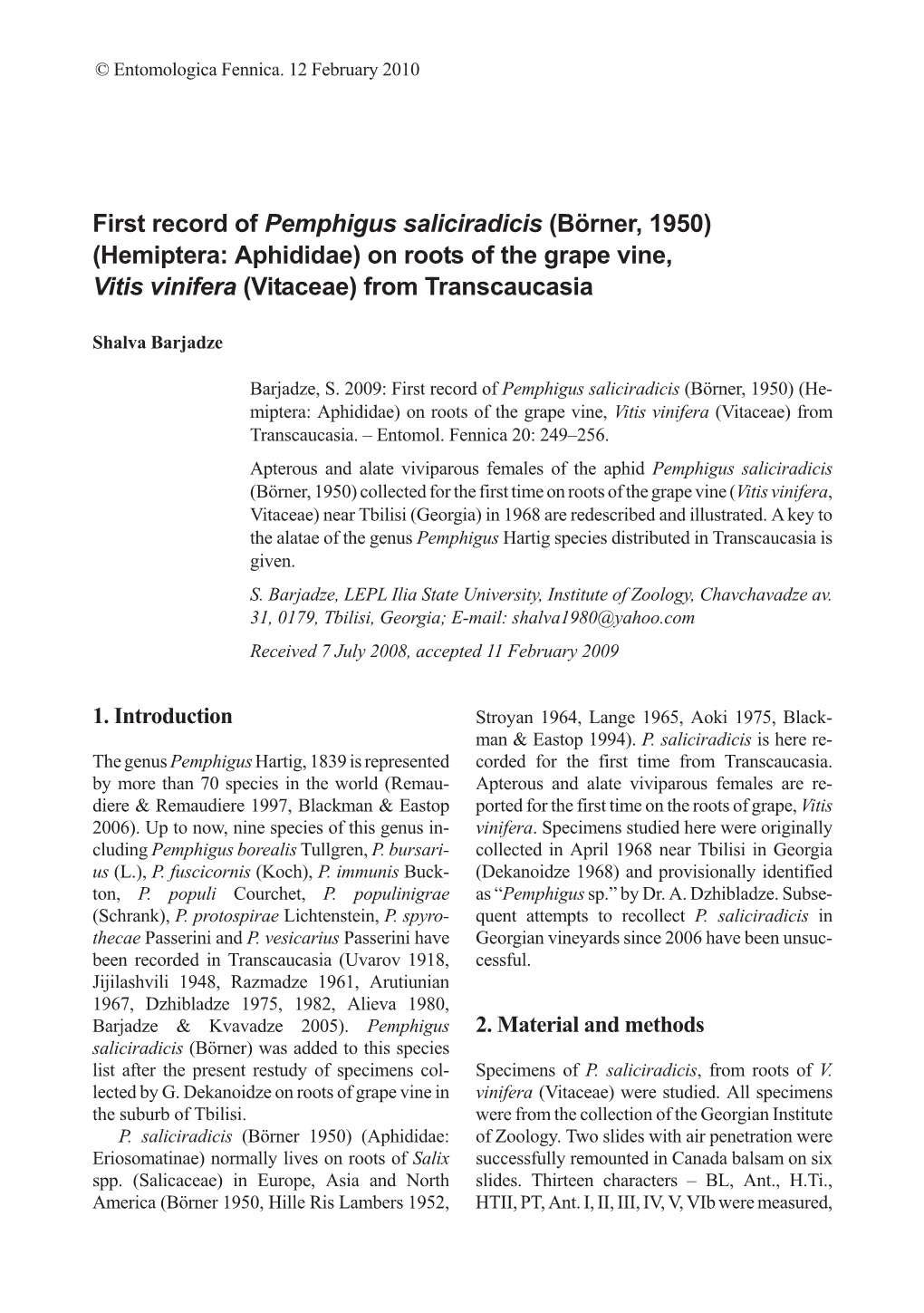 First Record of Pemphigus Saliciradicis (Börner, 1950) (Hemiptera: Aphididae) on Roots of the Grape Vine, Vitis Vinifera (Vitaceae) from Transcaucasia