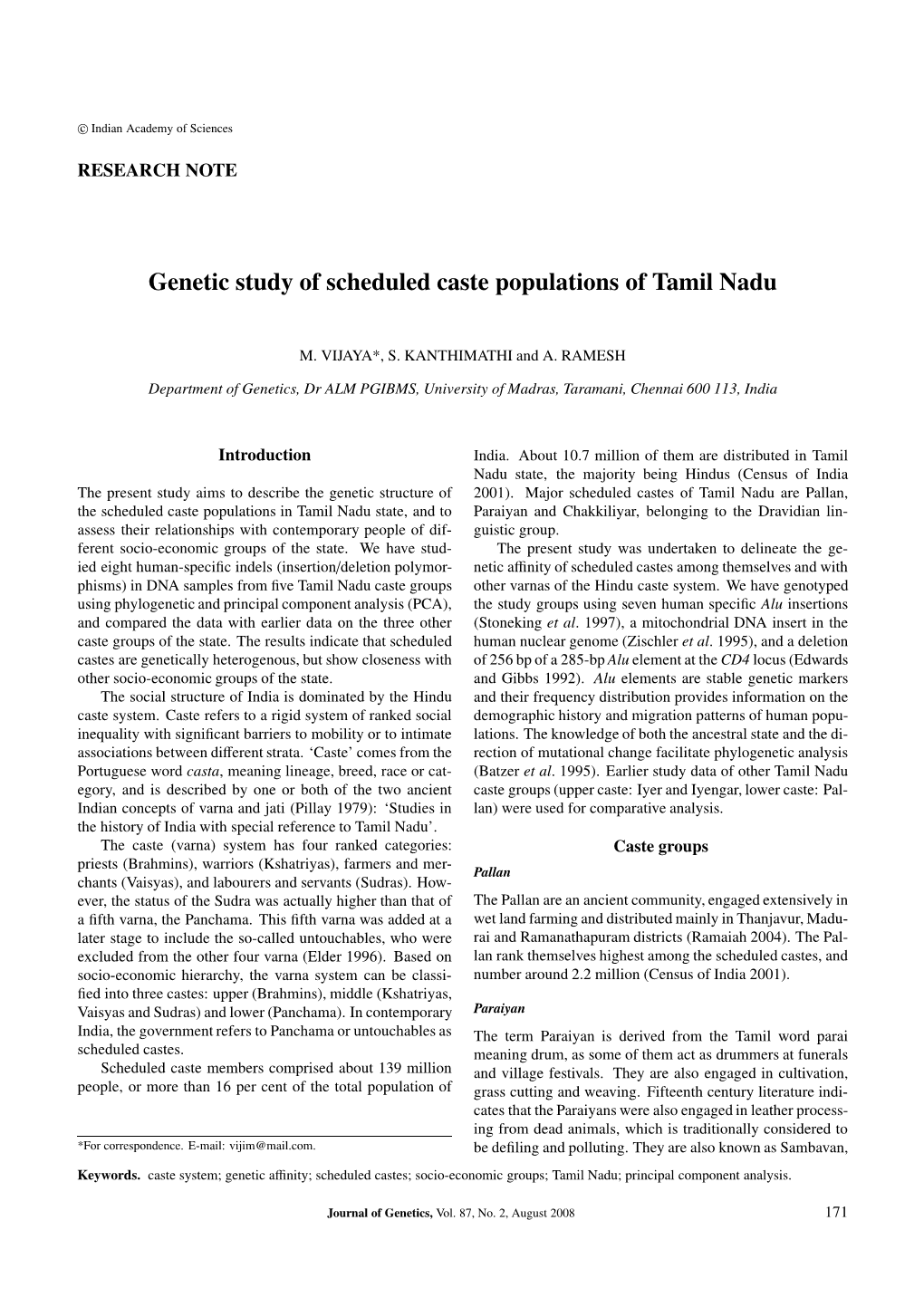 Genetic Study of Scheduled Caste Populations of Tamil Nadu